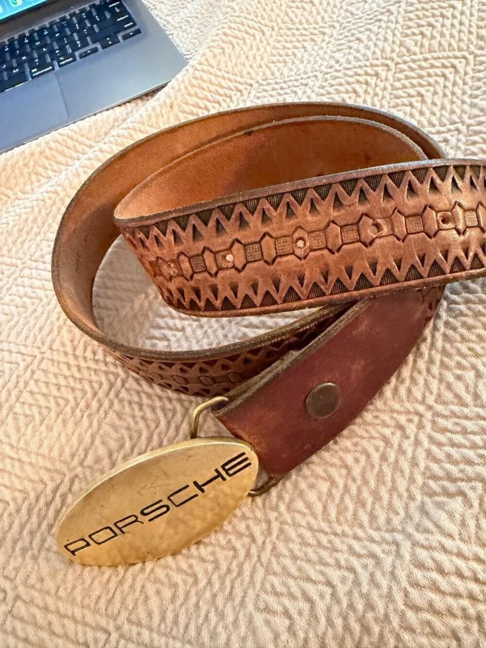 Porsche Mens Belt Brass Buckle Leather Strap Brown Tooled 34-40 inches Vintage